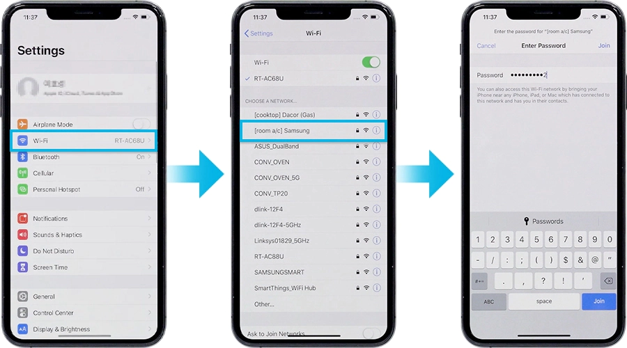 Öppna appen Inställningar i din iPhone och gå till WiFi för att koppla upp till det nätverksnamn som börjar med rum a/c. Lösenordet är 1111122222. (“1” 5 gånger och “2” 5 gånger)
