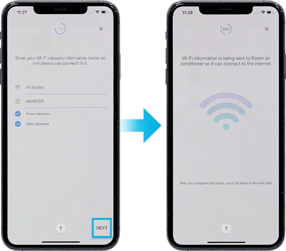 När enheten är ansluten till WiFi-nätverket, kör igång SmartThings-appen igen. Skriv in din WiFi-information för att koppla enheten till ett WiFi-nätverk och tryck på Nästa. WiFi-informationen skickas till luftkonditioneringen. Vänta tills luftkonditioneringen har registrerats med ditt Samsung-konto.