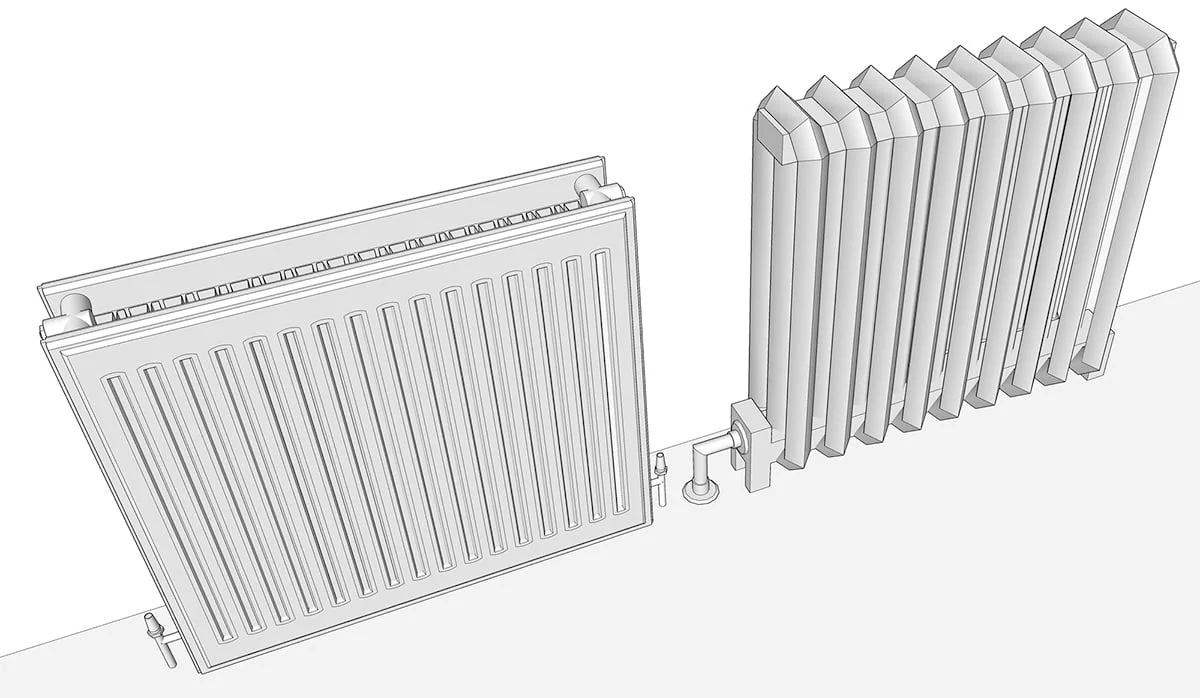 Illustrationen visar en panelradiator till vänster och en sektionsradiator till höger.