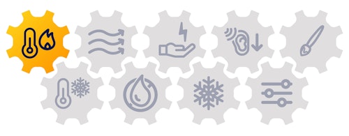 Symboler i kugghjul som symboliserar olika funktioner. Symbolen för värme är ifylld.
