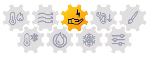 Symboler i kugghjul som symboliserar olika funktioner. Symbolen för energibesparing är ifylld.