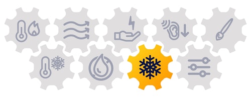 Symboler i kugghjul som symboliserar olika funktioner. Symbolen för avfrostning är ifylld.