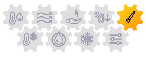 Symboler i kugghjul som symboliserar olika funktioner. Symbolen för design är ifylld.